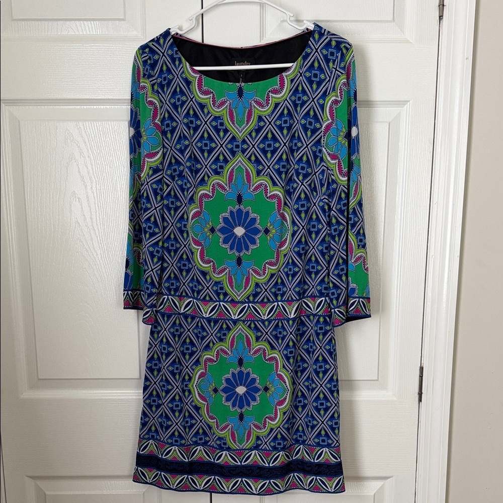 Laundry By Shelli Segal Blue and Green Patterned Long Sleeve Dress